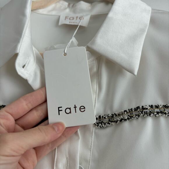 NWT Fate White Tweed Button Down Shirt Blouse Sz S Office Career - Picture 6 of 10